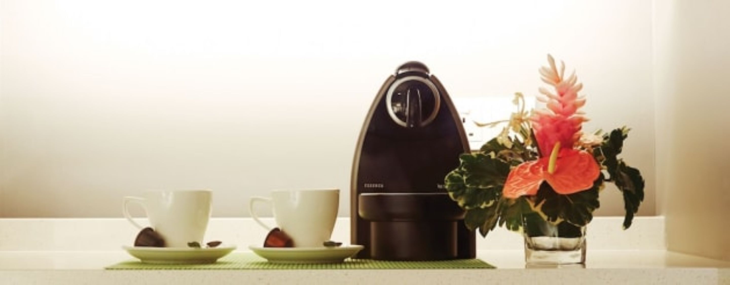 Una cafetera, dues tasses i una petita planta damunt un taulell.