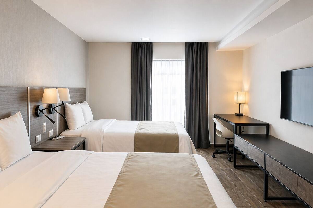 Ein Hotelzimmer mit zwei Betten, einem Schreibtisch, einem Fernseher und einem Fenster mit Vorhängen.