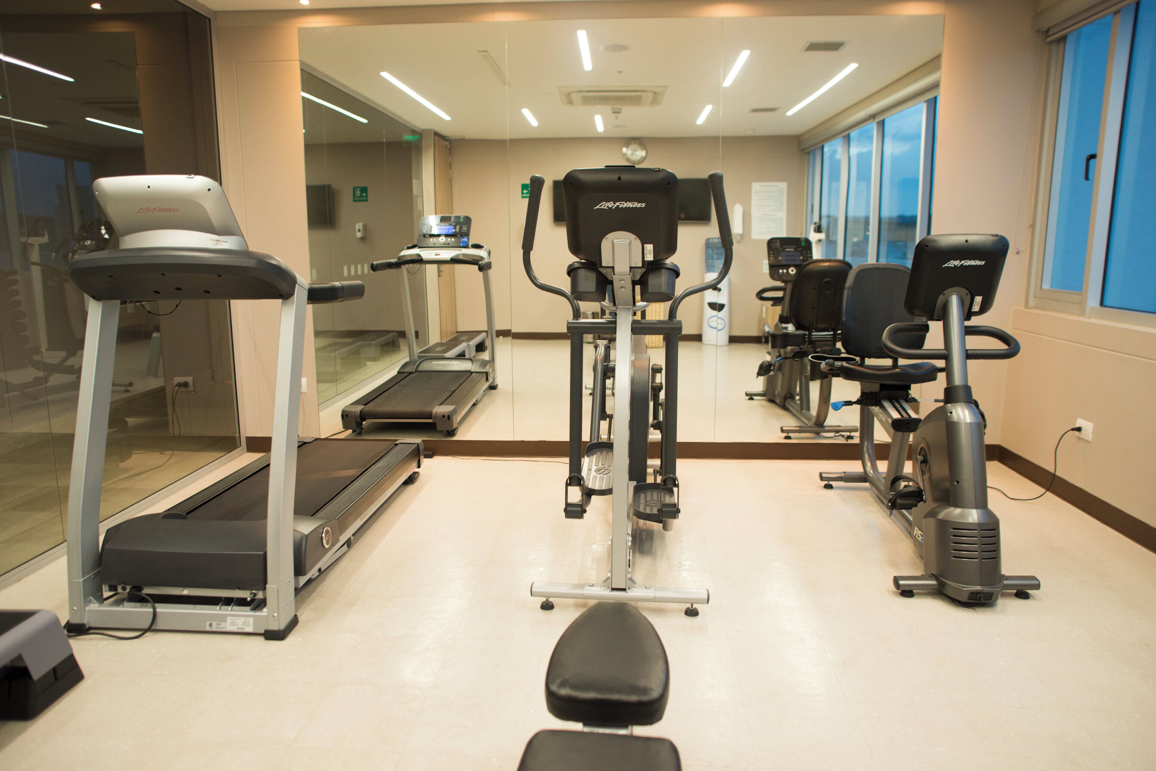 Un gimnasio con máquinas de cardio, equipo de entrenamiento de pesas y un espejo grande.