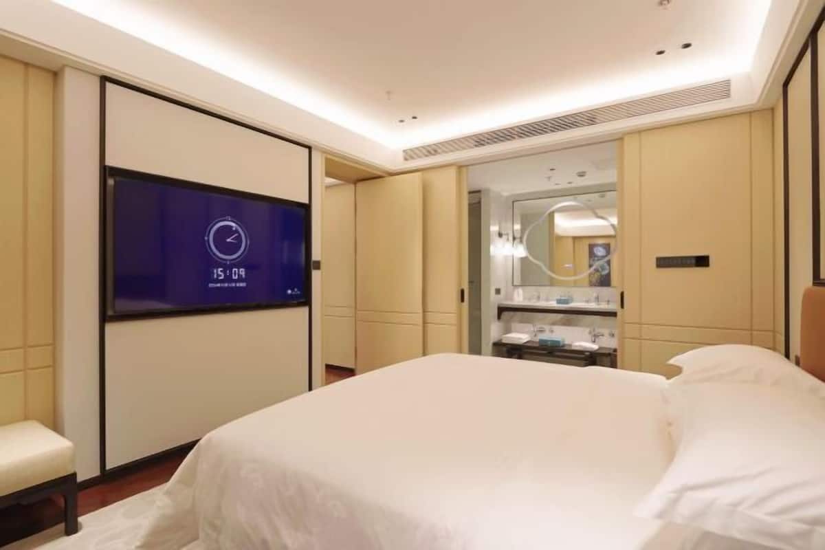 Una habitación de hotel con cama, televisión, espejo y baño con lavamanos y espejo.