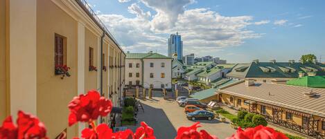 A street view with buildings, a clear sky, and red flowers in the foreground.