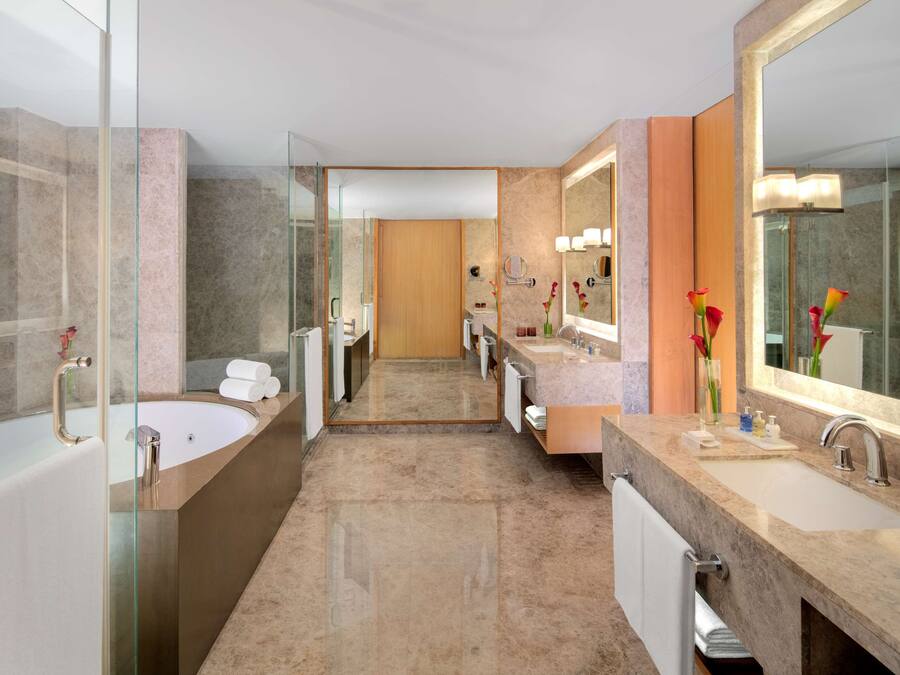 Un baño moderno con ducha envuelta en vidrio, una bañera grande y un lavamanos con espejo y lavabo.