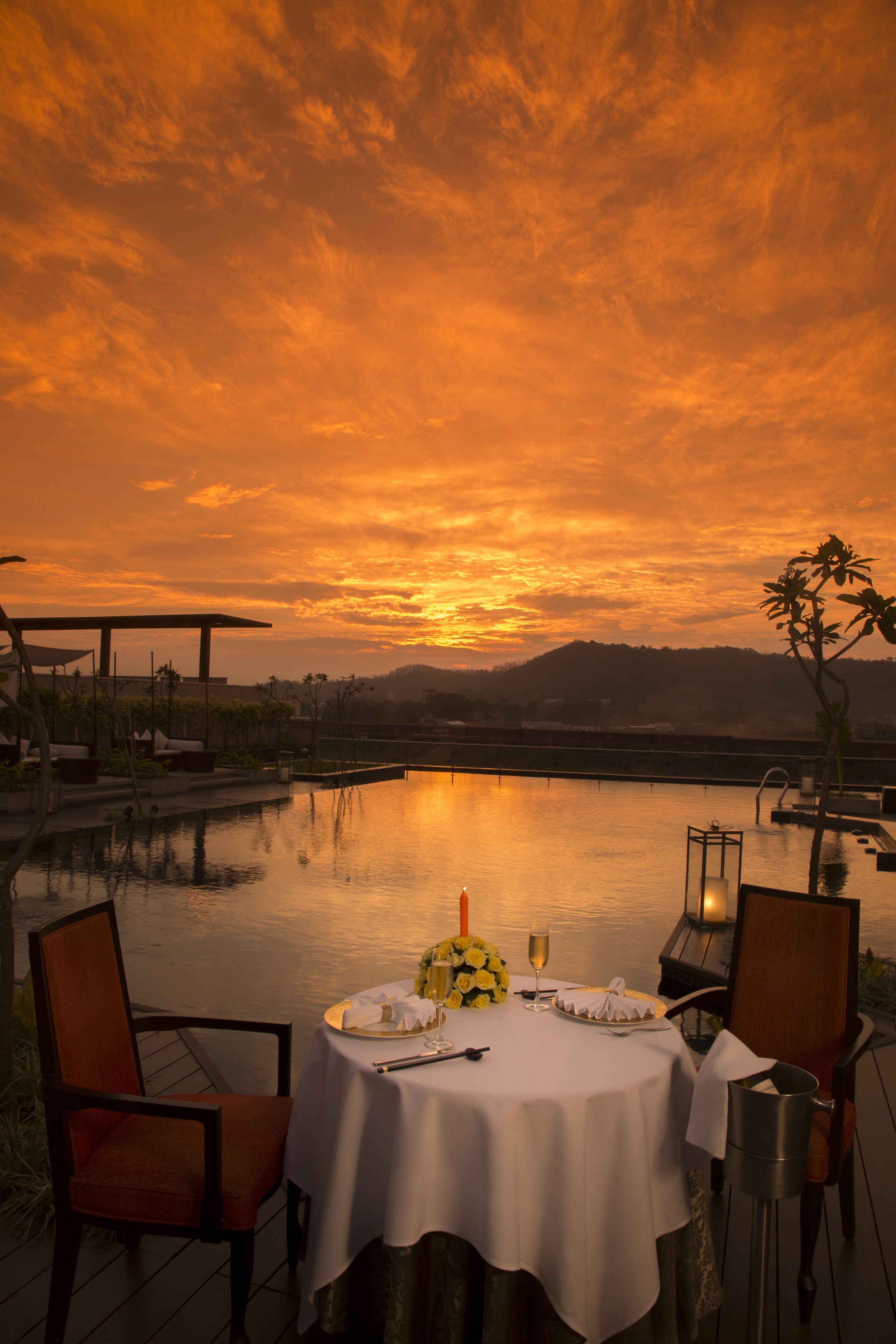 outdoor pool, pool umbrellas, pool loungers