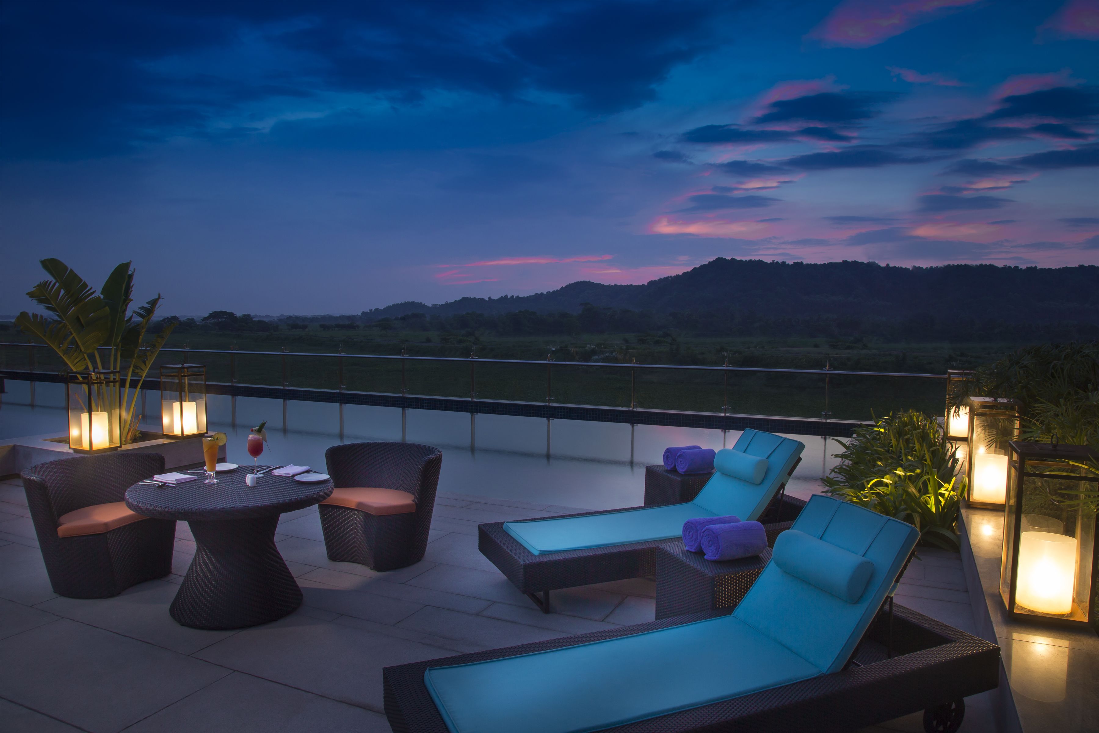 Outdoor pool, pool umbrellas, pool loungers