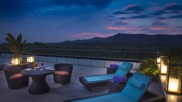 Outdoor pool, pool umbrellas, pool loungers