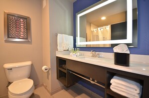 A bathroom with a toilet, sink, and mirror. - Holiday Inn Express & Suites Oklahoma City Mid - Arpt Area by IHG (Oklahoma City)