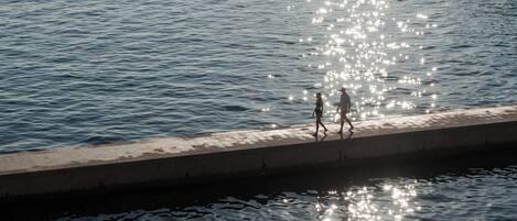 Une promenade en bord de mer, avec une surface d’eau qui reflète la lumière et une bordure en béton.