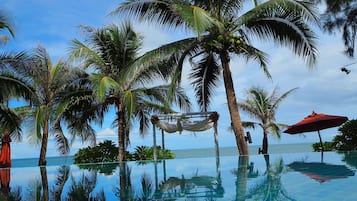 Seasonal outdoor pool, pool umbrellas, pool loungers