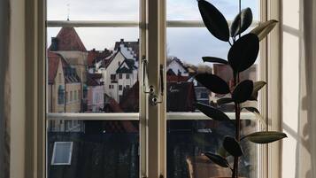 Una ventana con una planta en maceta en el alféizar, que da a una zona residencial con casas y un cielo despejado.