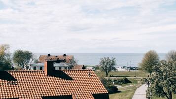 A residential area with a pathway leading to a body of water, surrounded by houses with red-tiled roofs.