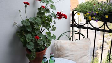 A balcony with a potted plant, two bottles, and a cushion.