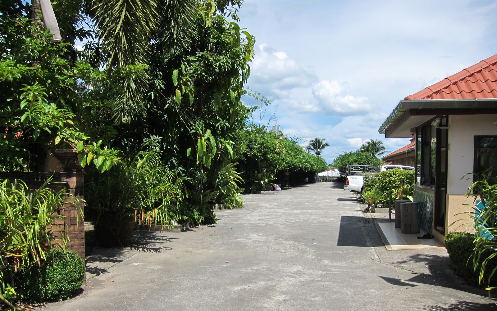 A paved pathway flanked by lush greenery and a building with a red roof.