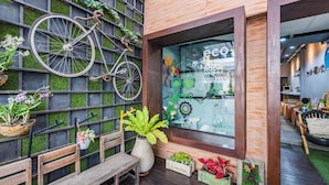 Un banco de madera, una bicicleta y plantas en macetas frente al escaparate de una tienda con diseño verde y blanco.