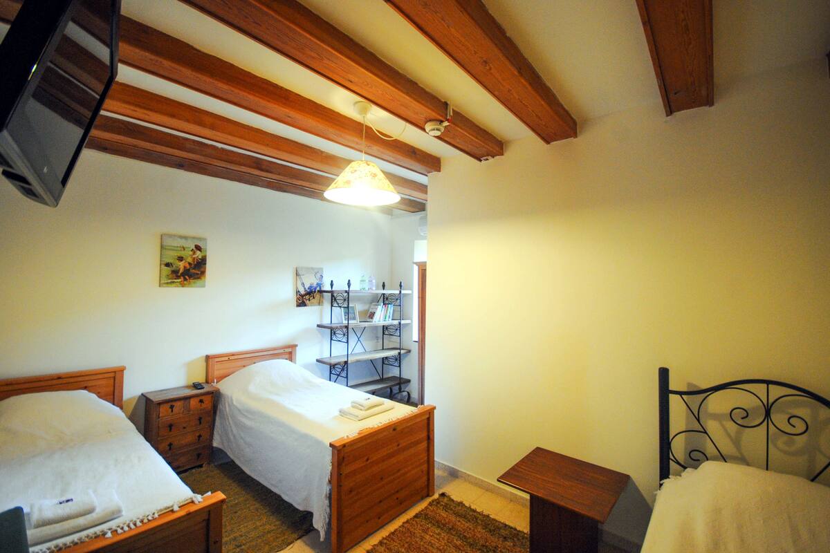 Une chambre à coucher avec deux lits en bois, une bibliothèque et un ventilateur de plafond.