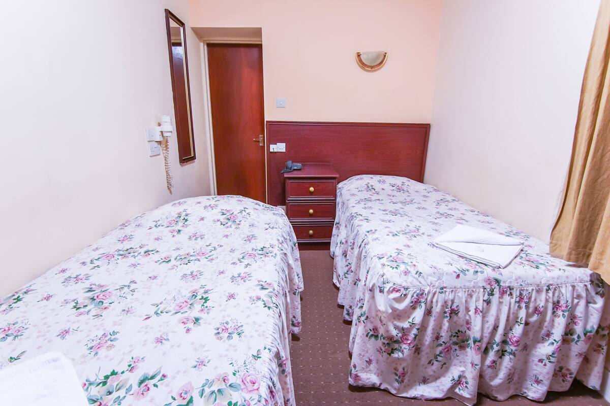 A room with two single beds, a wooden dresser, a mirror, and a wall-mounted light fixture.