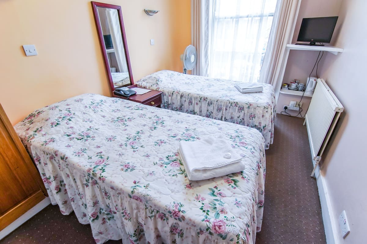 A hotel room with two beds, a mirror, a TV, a fan, and a radiator.