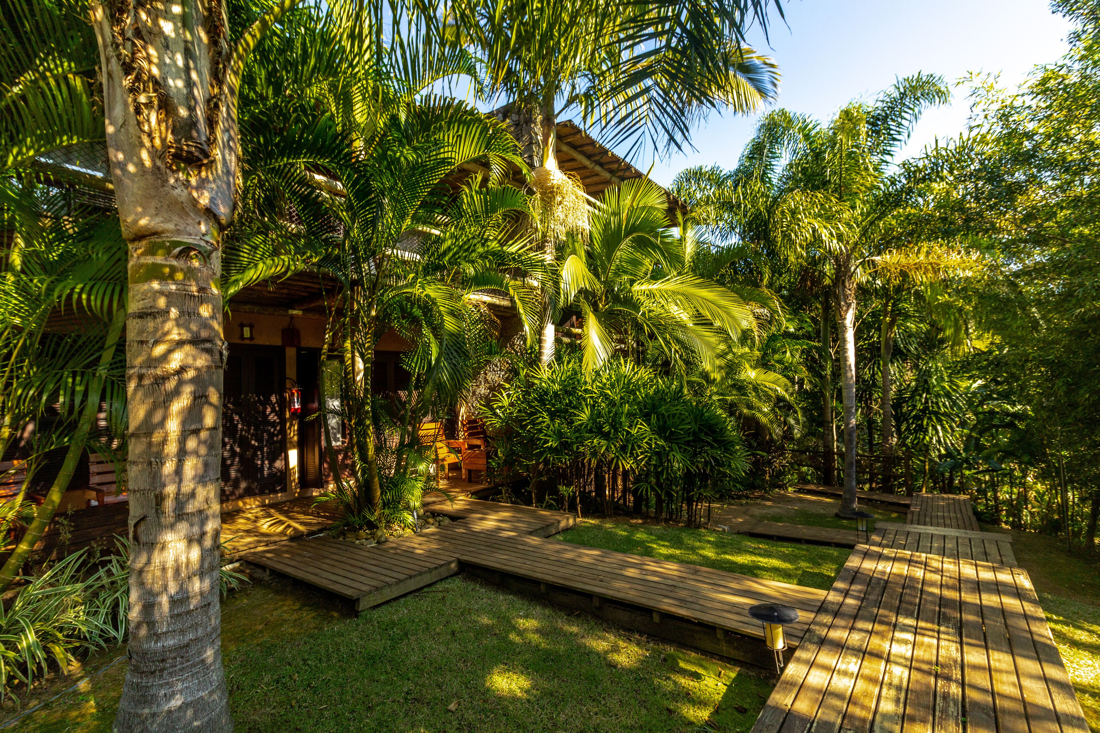 A tropical garden with a wooden deck, palm trees, and a building with a thatched roof.