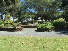 Un jardín ajardinado con diversas plantas y árboles, macetas de piedra y un camino pavimentado.