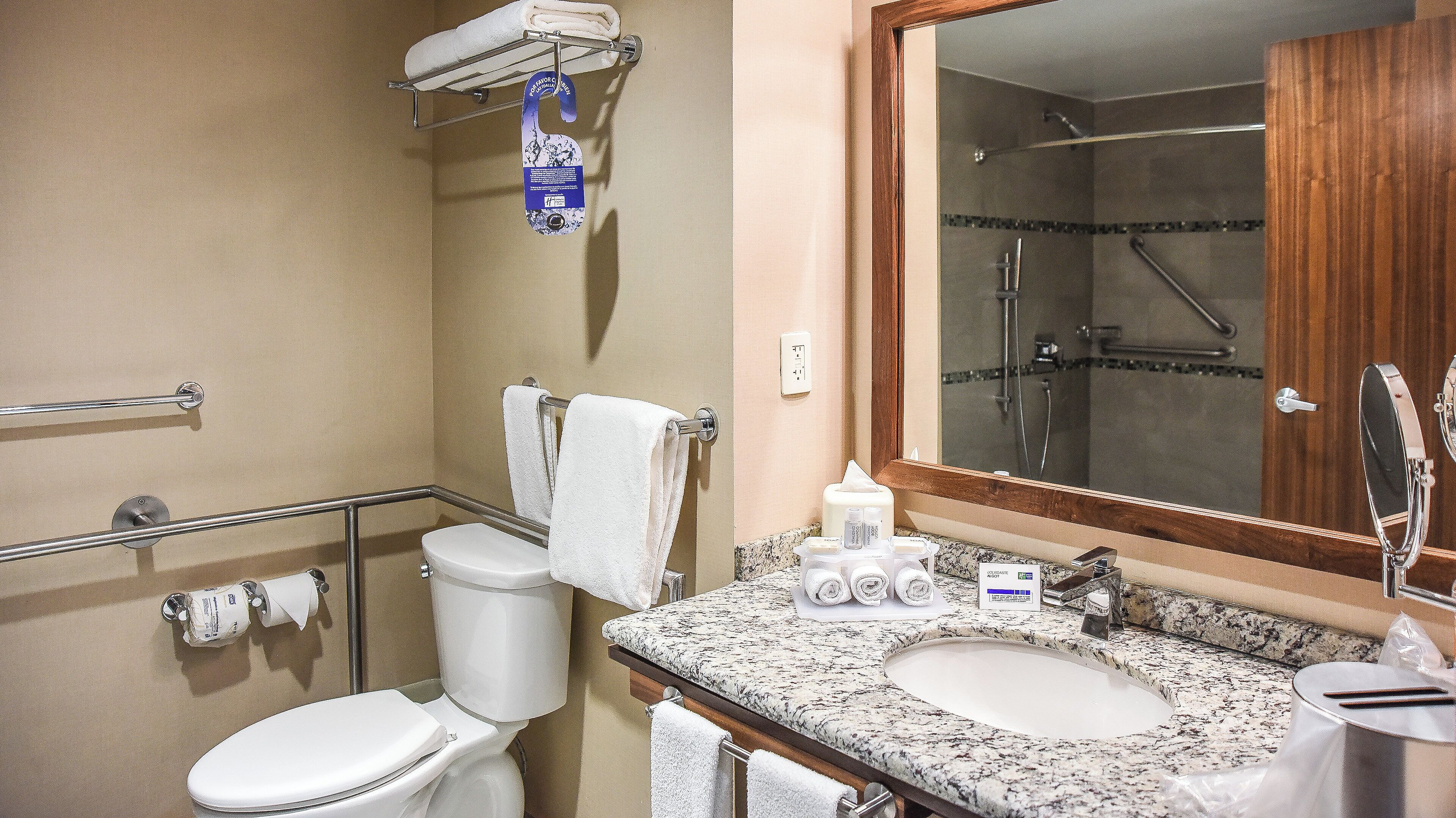 Un baño con inodoro, lavamanos, espejo y ducha.