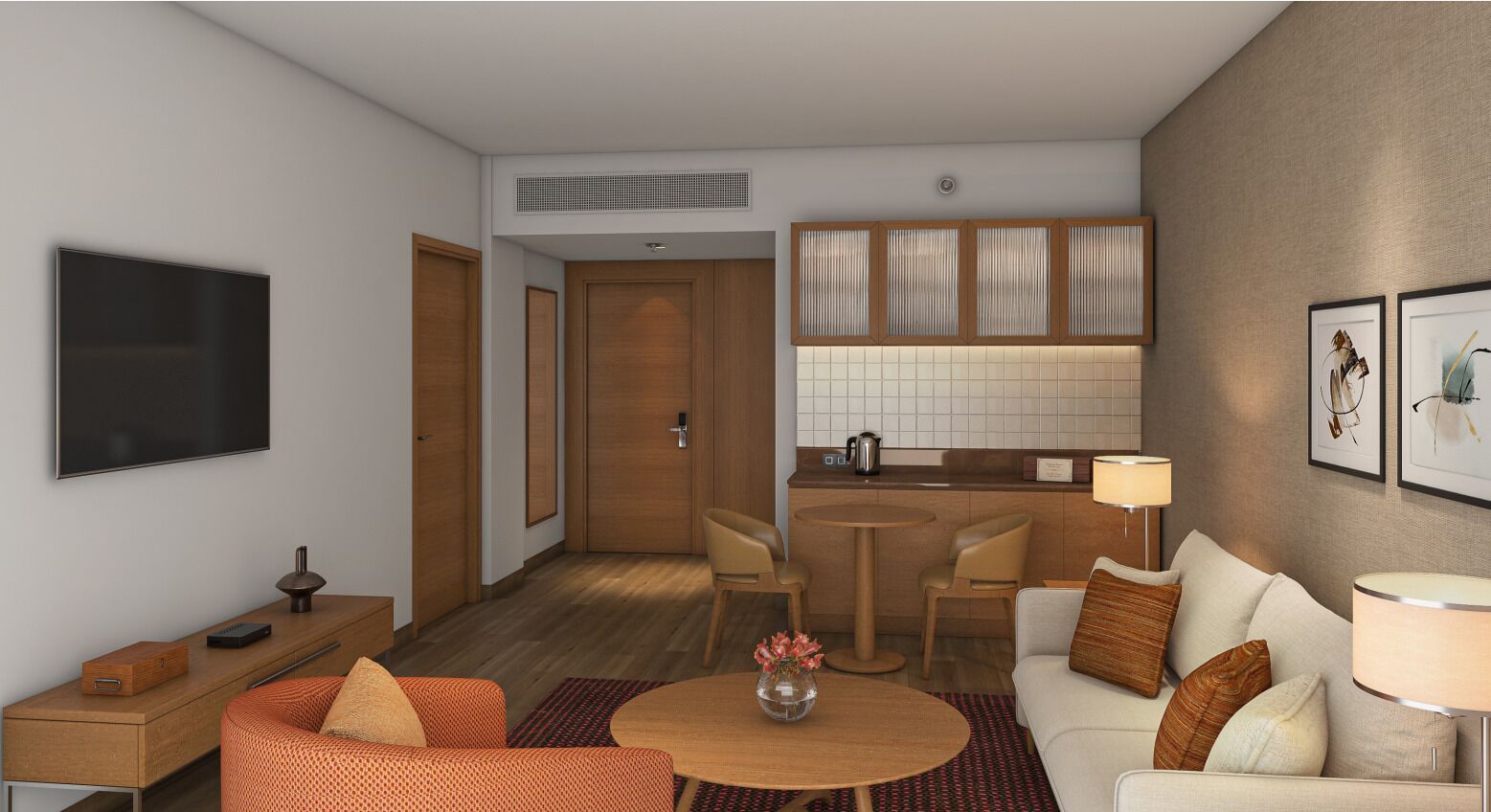 premier suite | living area | 65-inch led tv with satellite channels, tv