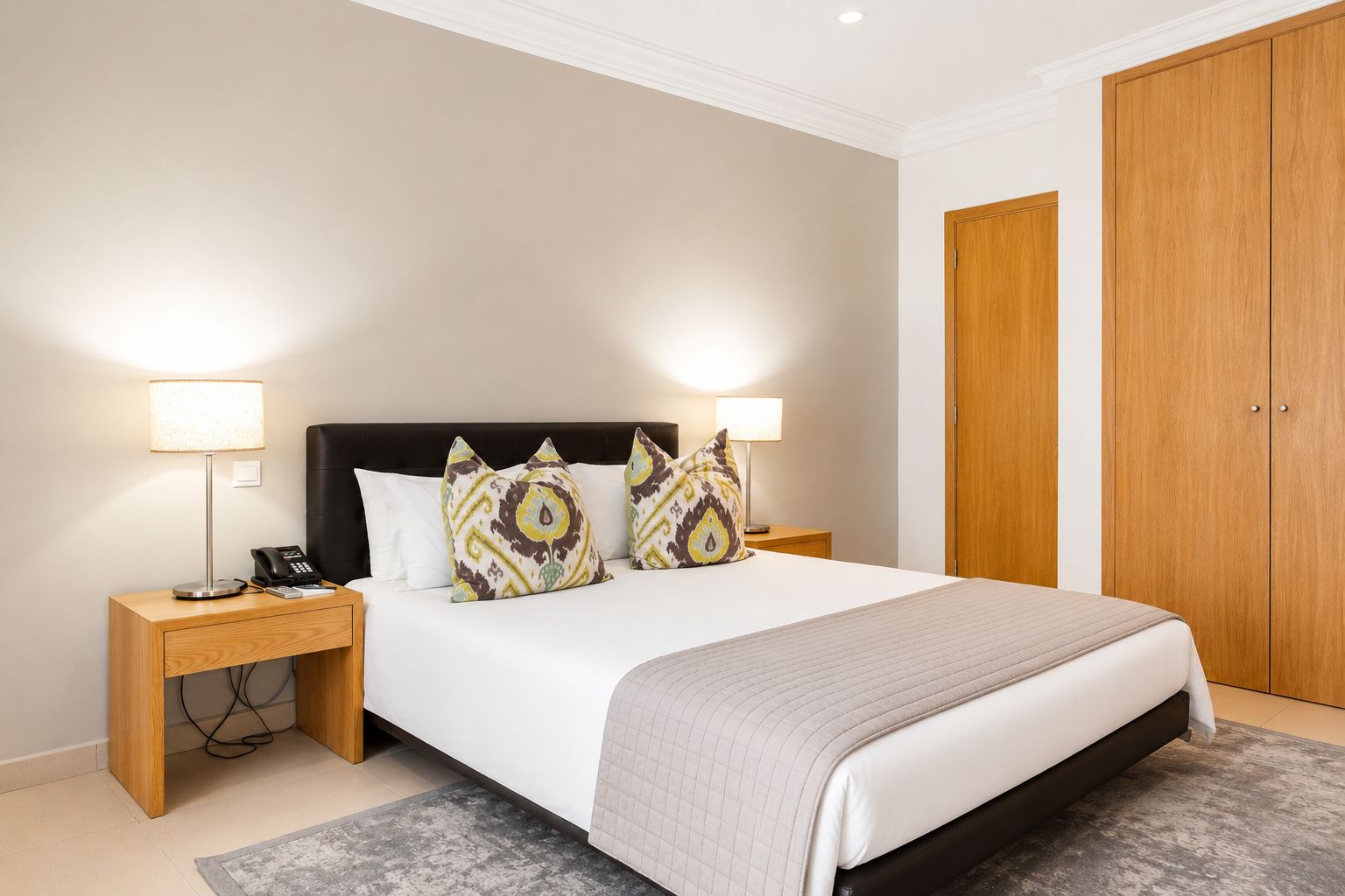 Una habitación de hotel con cama, dos mesitas de noche, teléfono y armario.