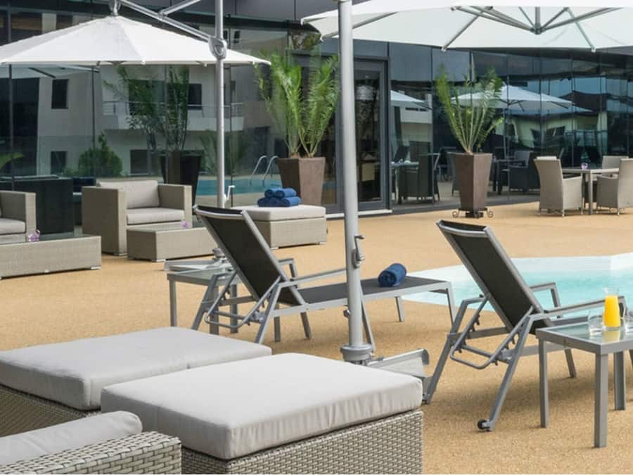 Outdoor pool, pool umbrellas, pool loungers