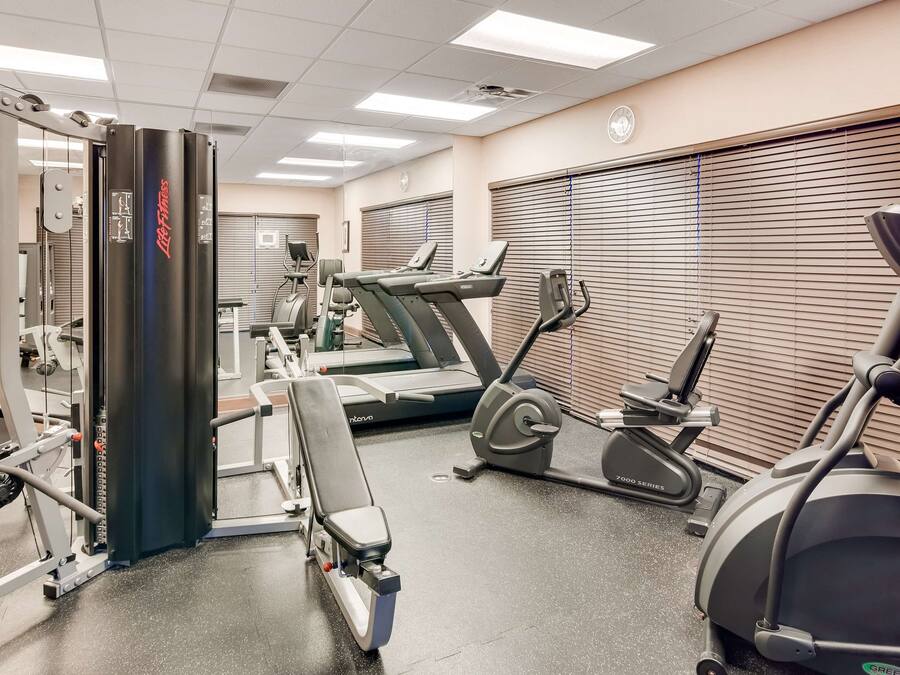 Un gimnasio con máquinas de cardio, equipo de entrenamiento con pesas y un espejo grande.