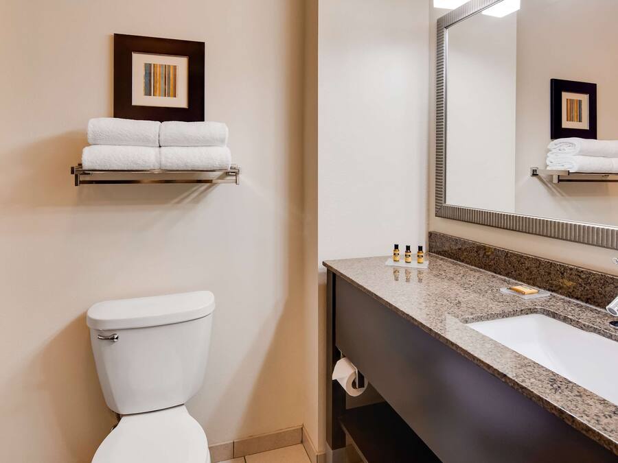 A modern bathroom with a toilet, a sink, a mirror, and a towel rack.