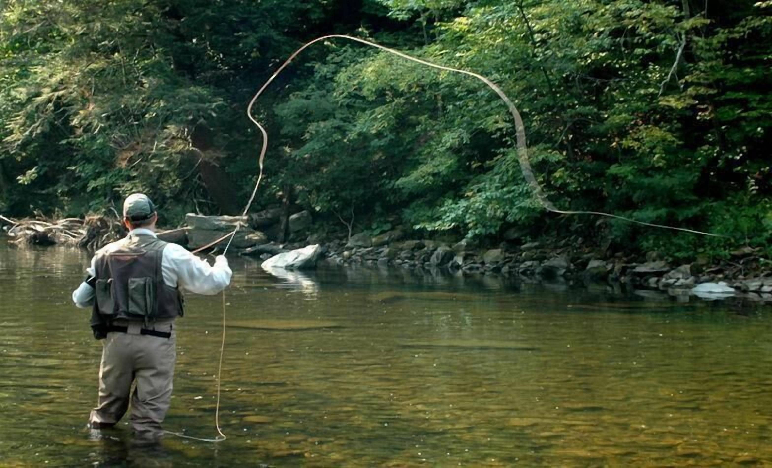 Un uomo pesca in un fiume circondato da una vegetazione fitta.