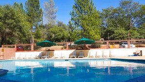A swimming pool with lounge chairs and umbrellas, surrounded by trees. - Lake of the Springs RV Resort (Oregon House)