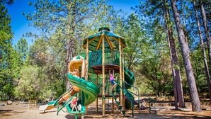 A playground with a multi-level play structure surrounded by trees. - Lake of the Springs RV Resort (Oregon House)