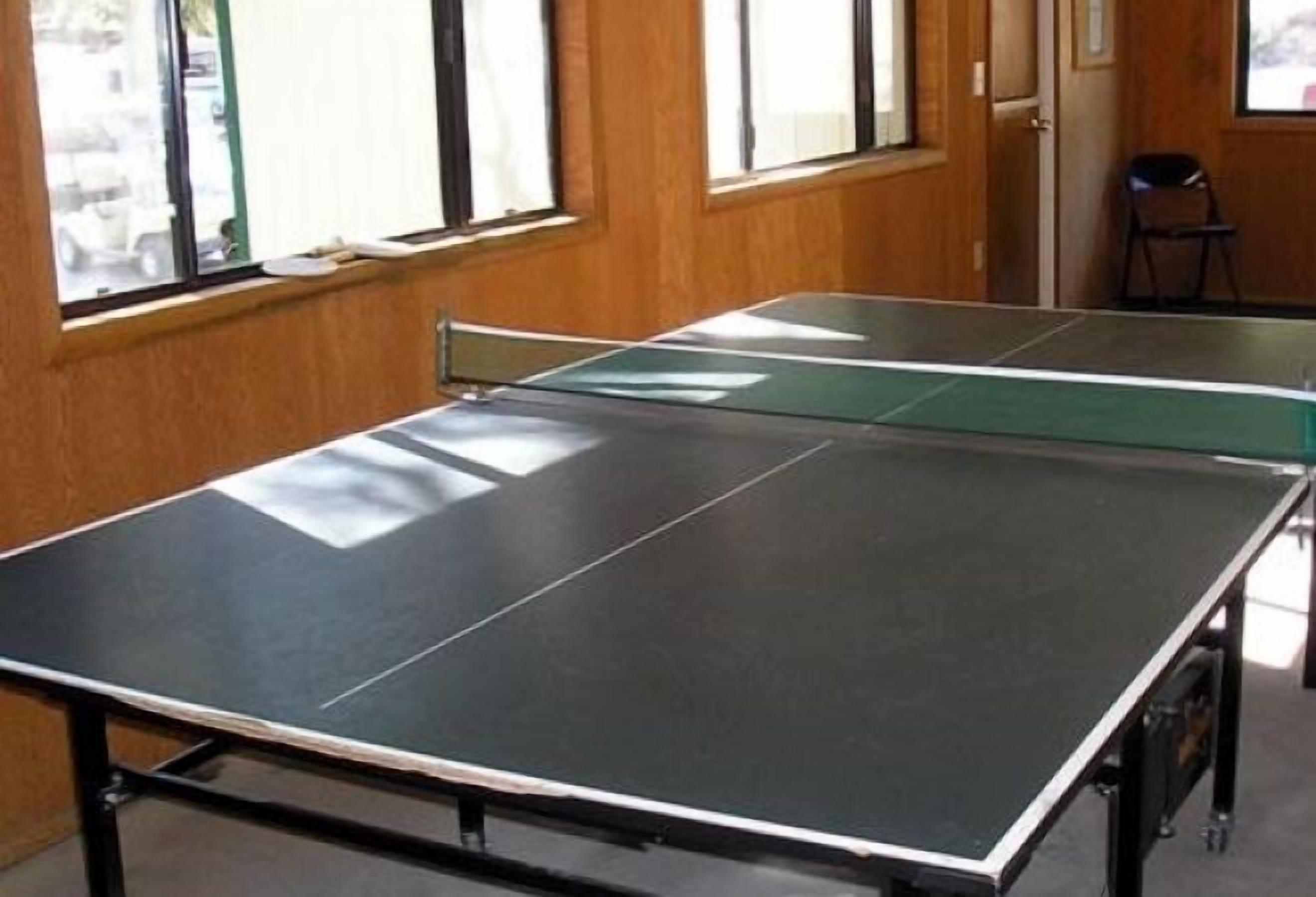 A ping pong table in a room with wooden walls and windows.