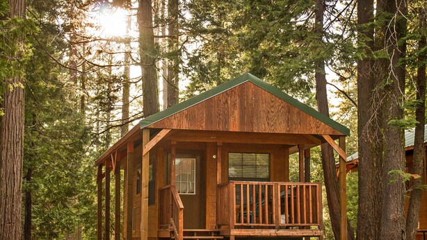 A wooden cabin with a porch and a small staircase, surrounded by tall trees. - Snowflower RV Resort (Emigrant Gap)
