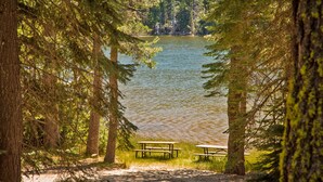 A lakeside picnic area with benches and a picnic table surrounded by trees. - Snowflower RV Resort (Emigrant Gap)