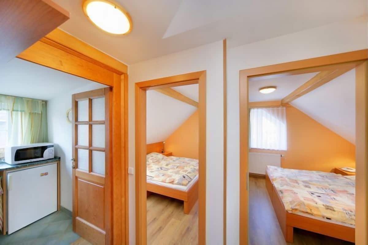 A compact room with a bed, a small kitchenette, and a door leading to another room.