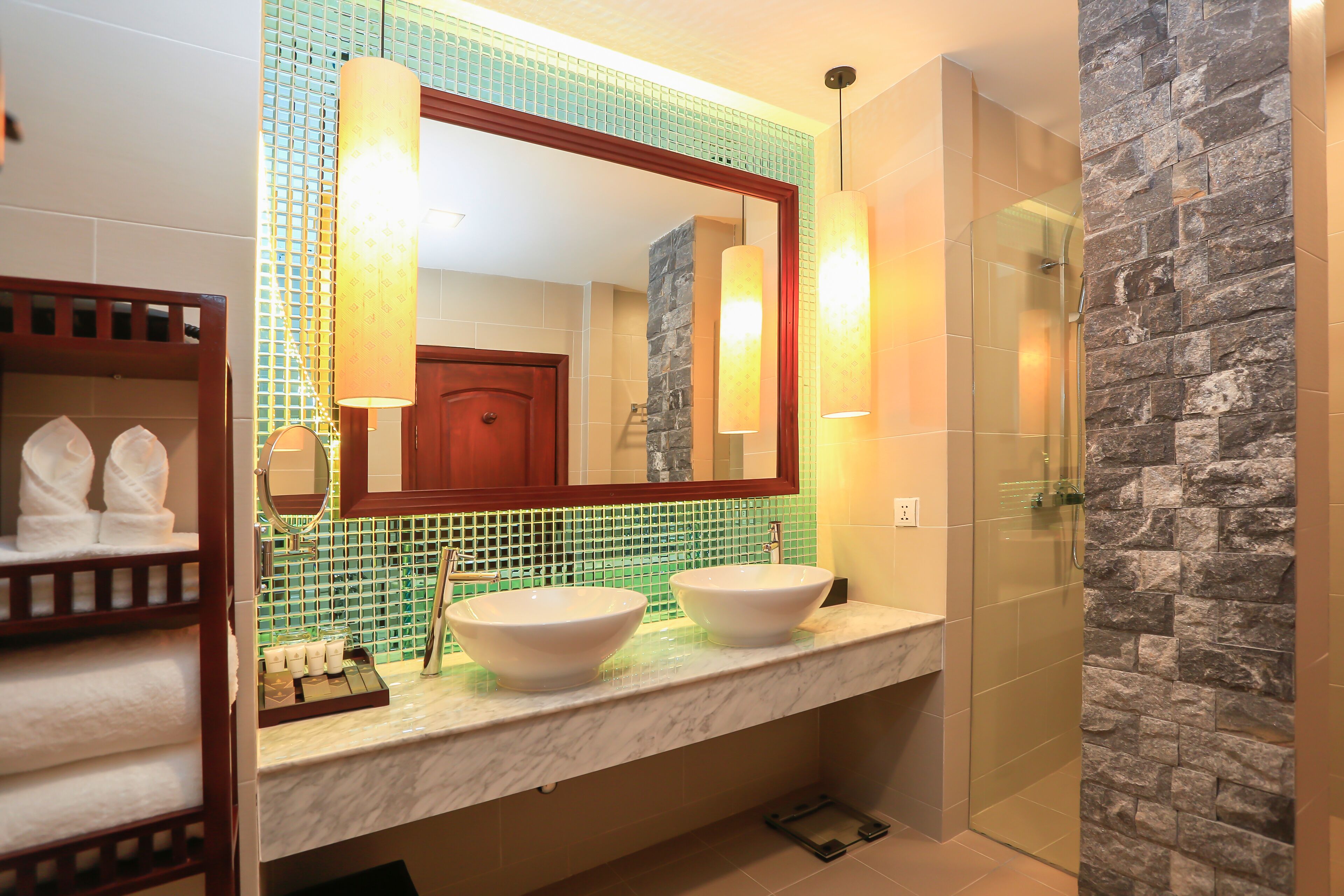 shower, rainfall showerhead, designer toiletries, hair dryer