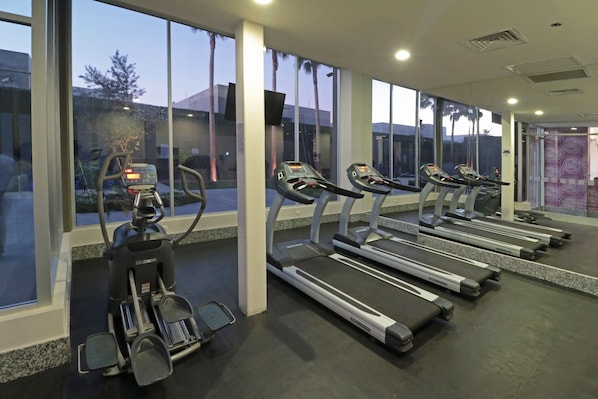 Un gimnasio con cintas de correr y una bicicleta estática, ventanas amplias y vistas a palmeras.