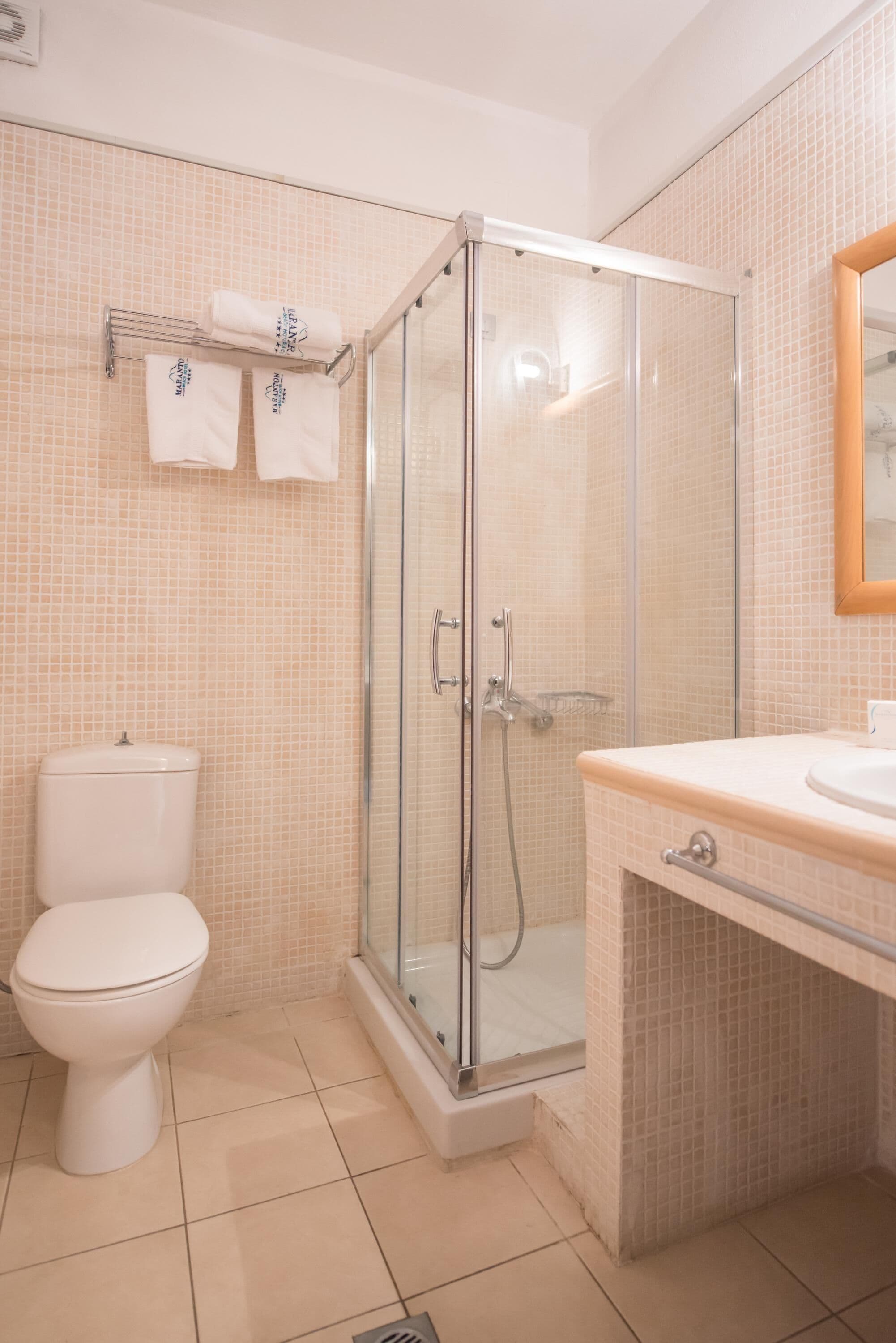 A bathroom with a toilet, a glass-enclosed shower, and a sink with a mirror.