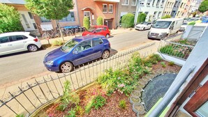 Una calle residencial con coches aparcados, un coche azul en primer plano y un jardín vallado con diversas plantas.
