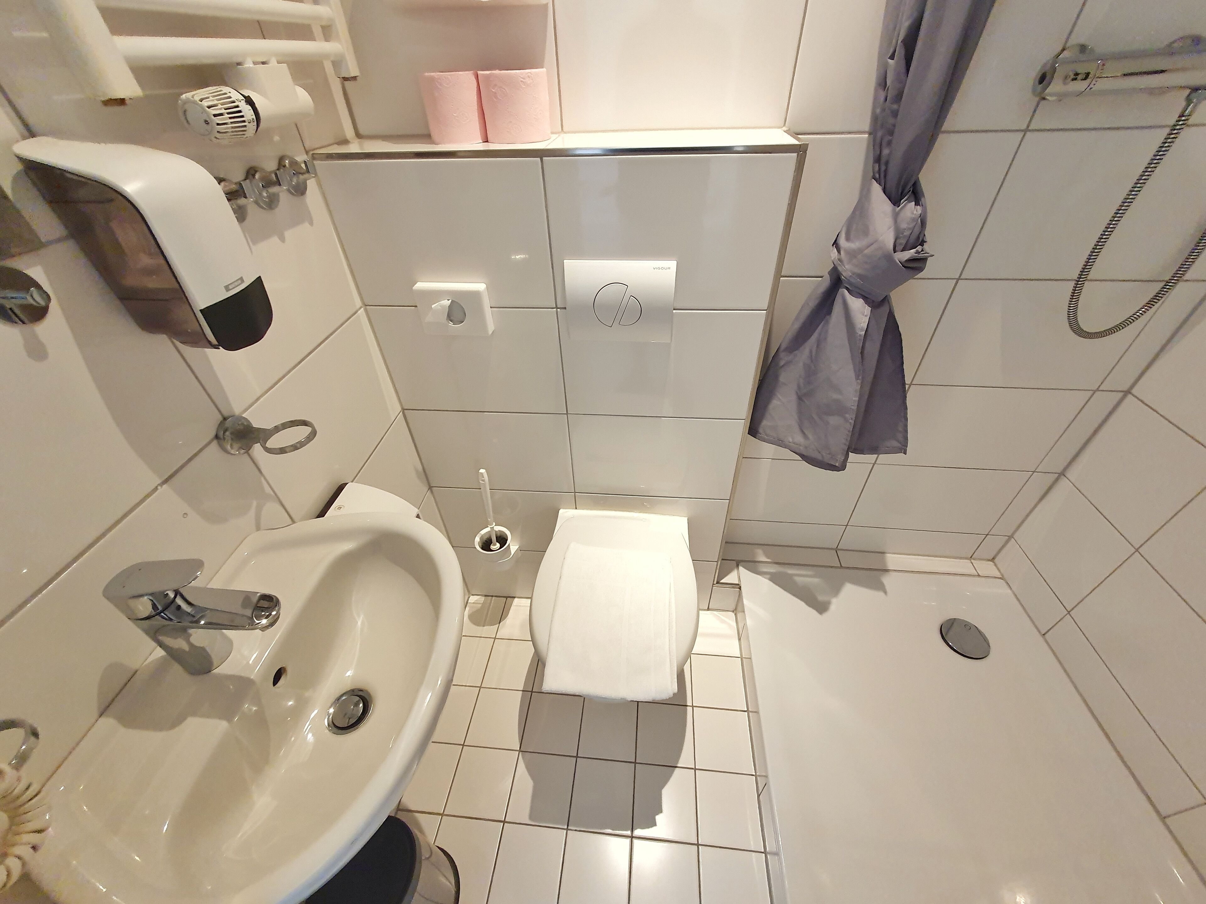 Baño con lavamanos, inodoro y ducha.