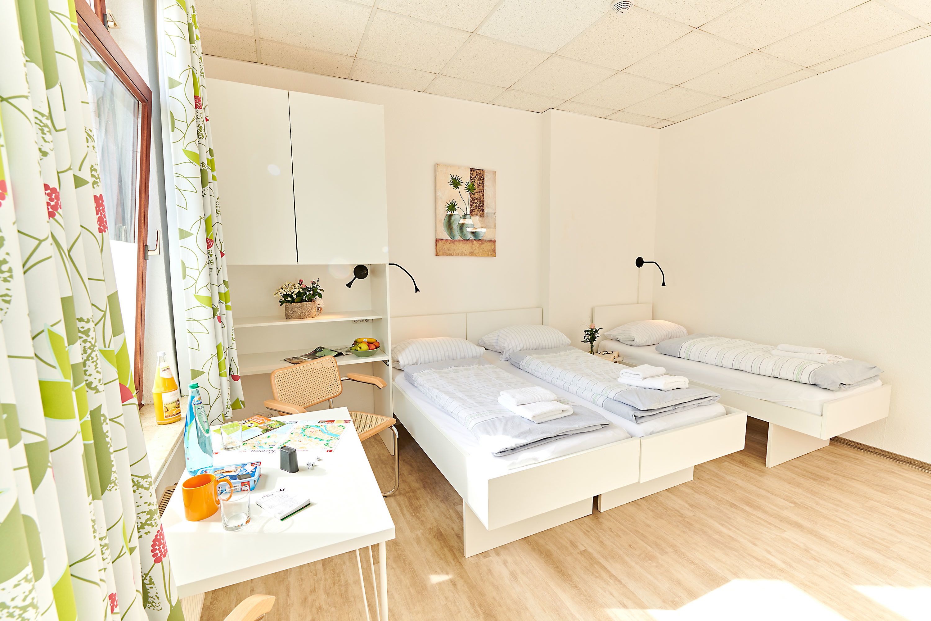 A bedroom with two beds, a desk, and a chair. There is a shelf with plants and a painting on the wall.