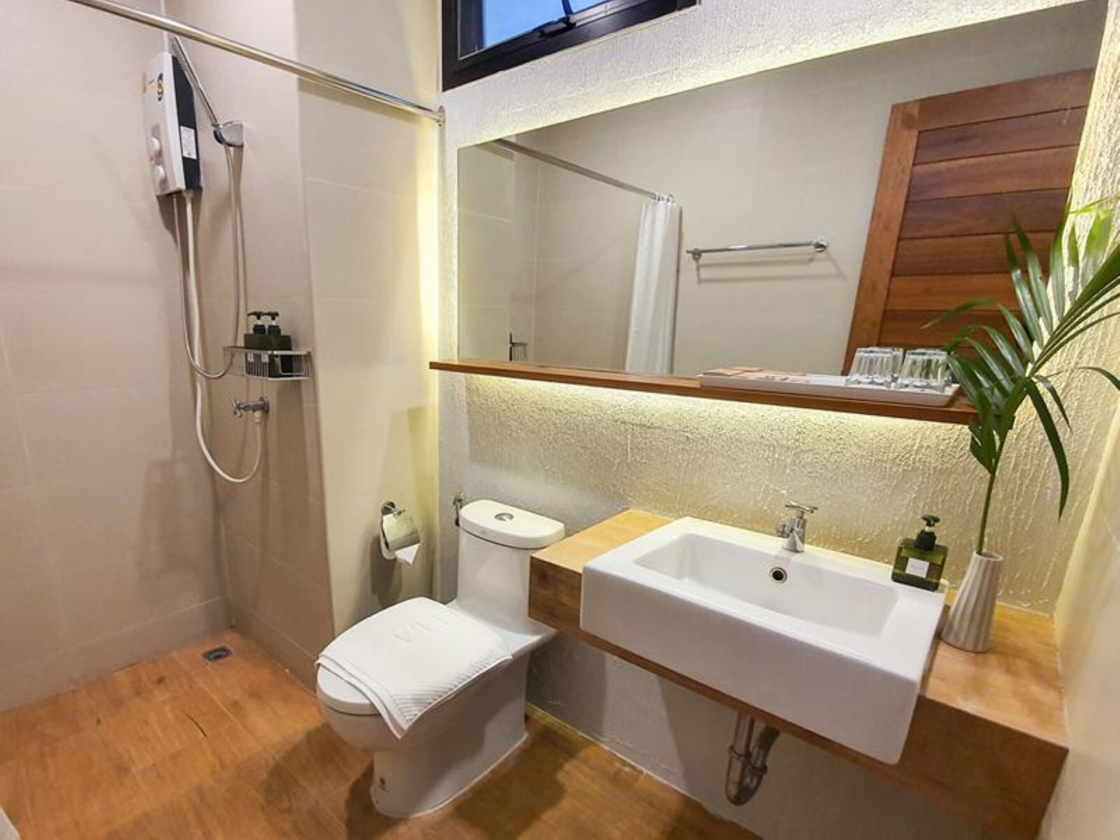 shower, free toiletries, hair dryer, slippers