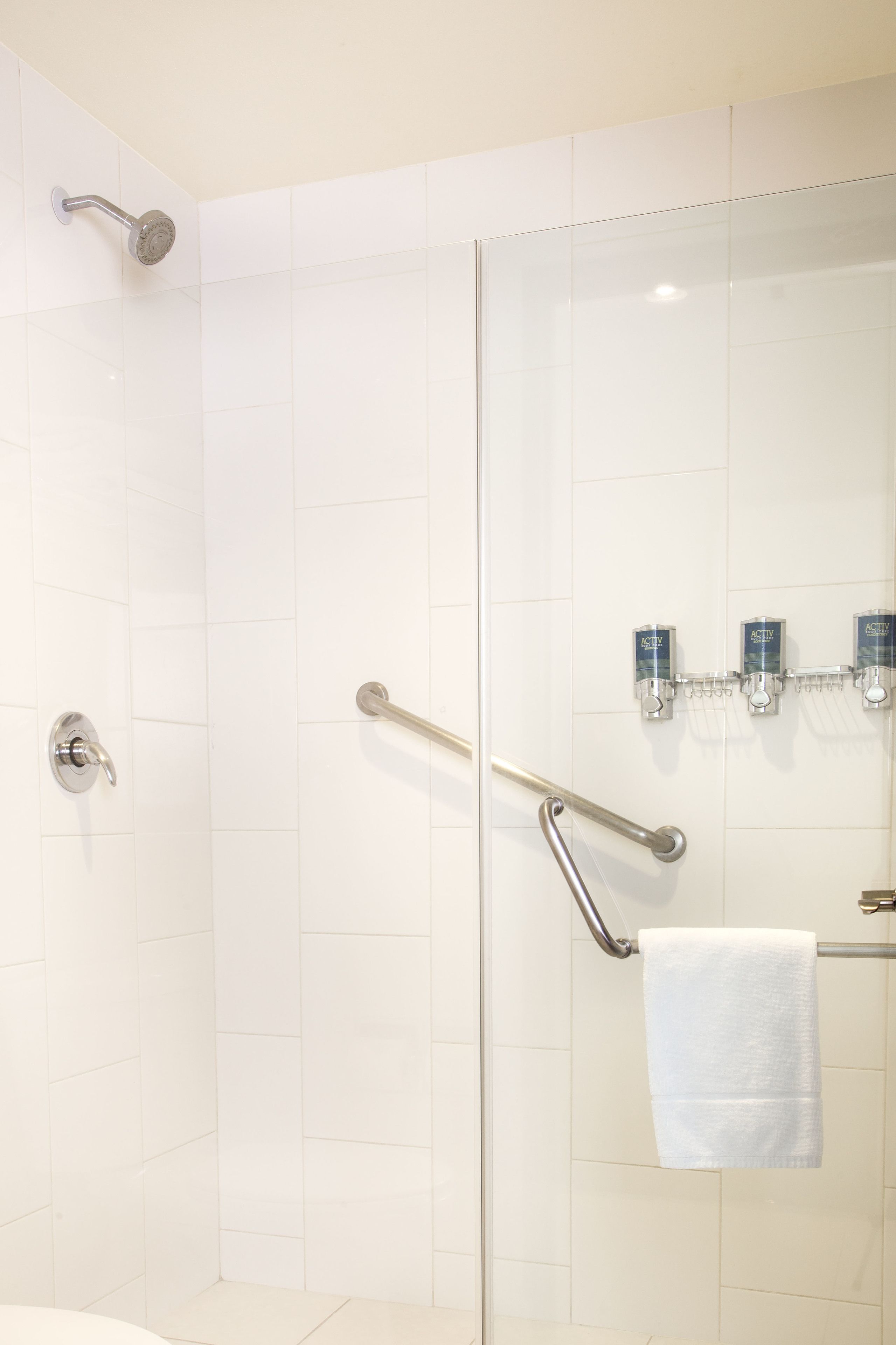 A glass-enclosed shower with a handheld showerhead, a grab bar, and a towel rack with a white towel.