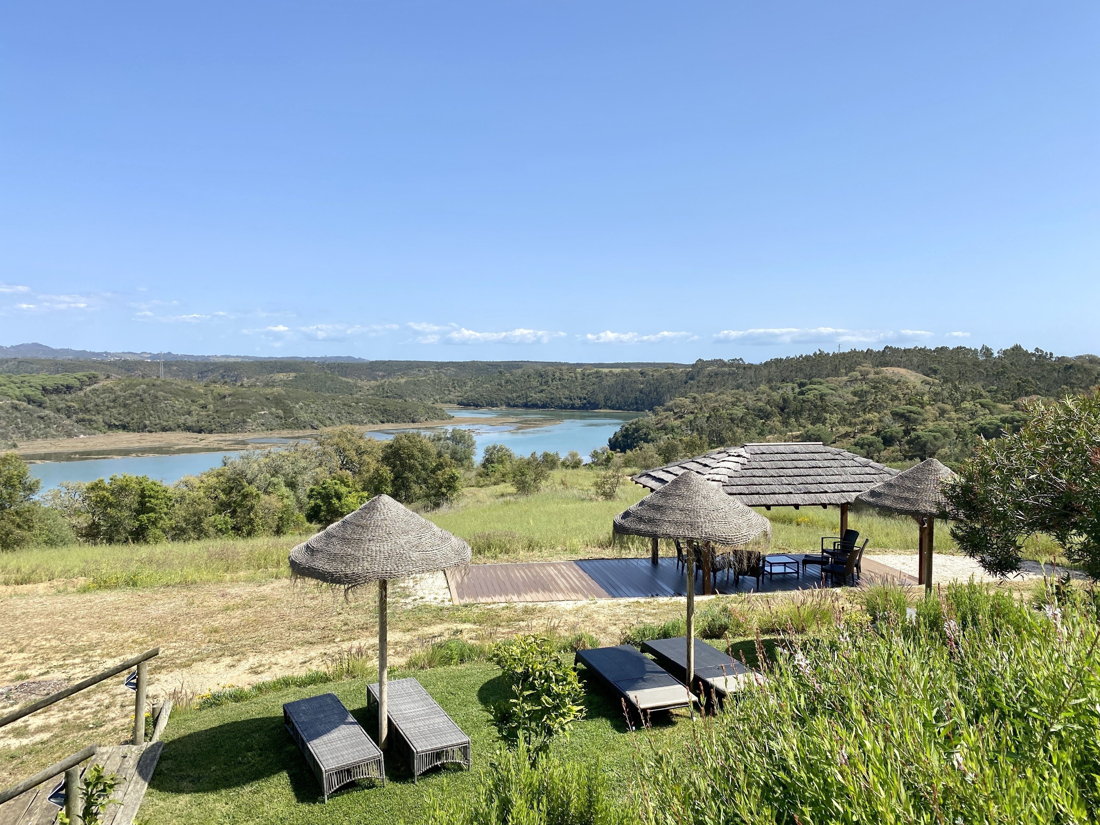 Un espace extérieur paisible, agrémenté de parasols en chaume, de chaises longues et offrant une vue sur un lac et des collines boisées.