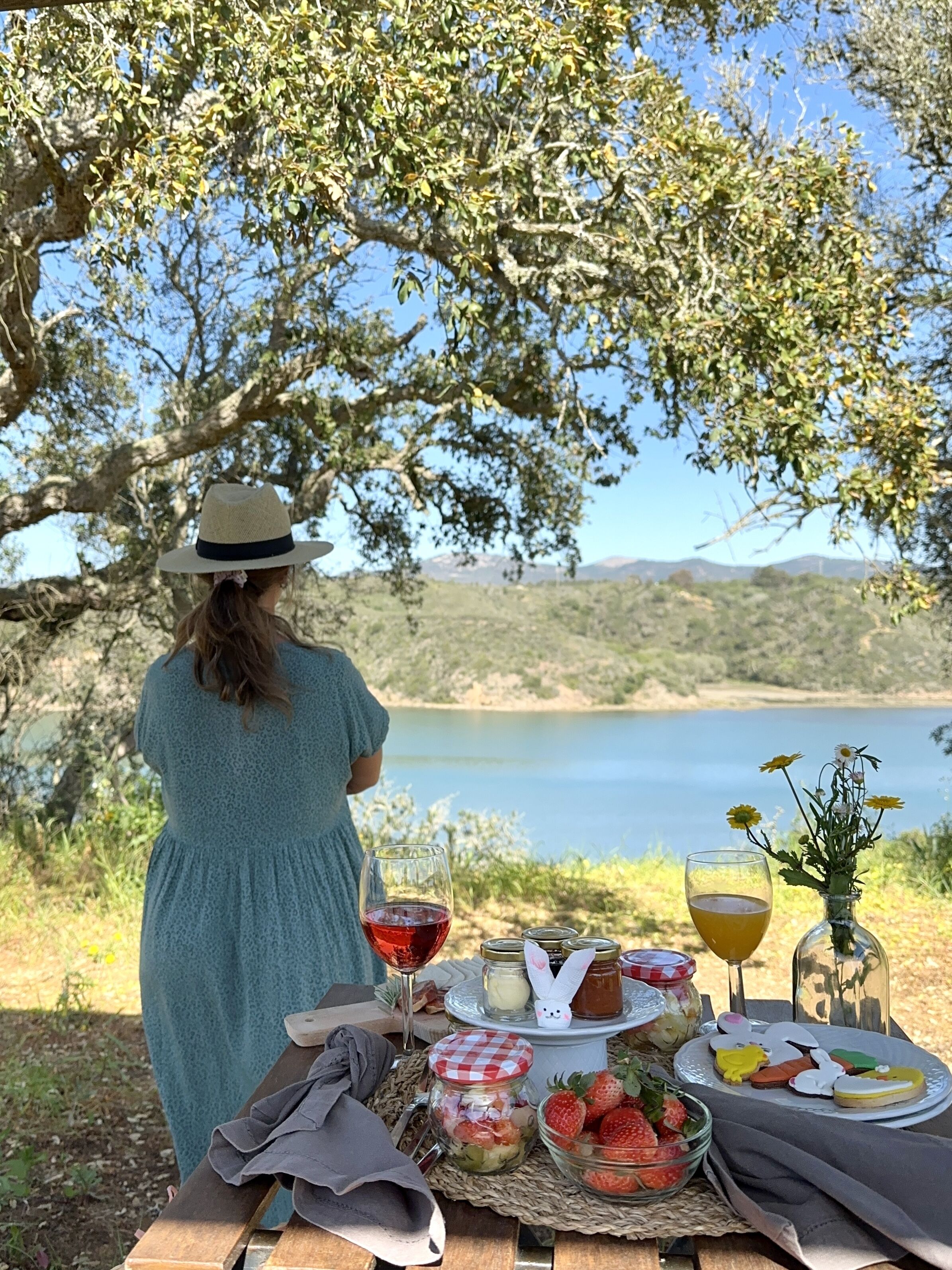 Une personne est assise à une table de pique-nique, avec vue sur un lac et des collines.