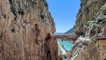 A bridge over a canyon with a river below.
