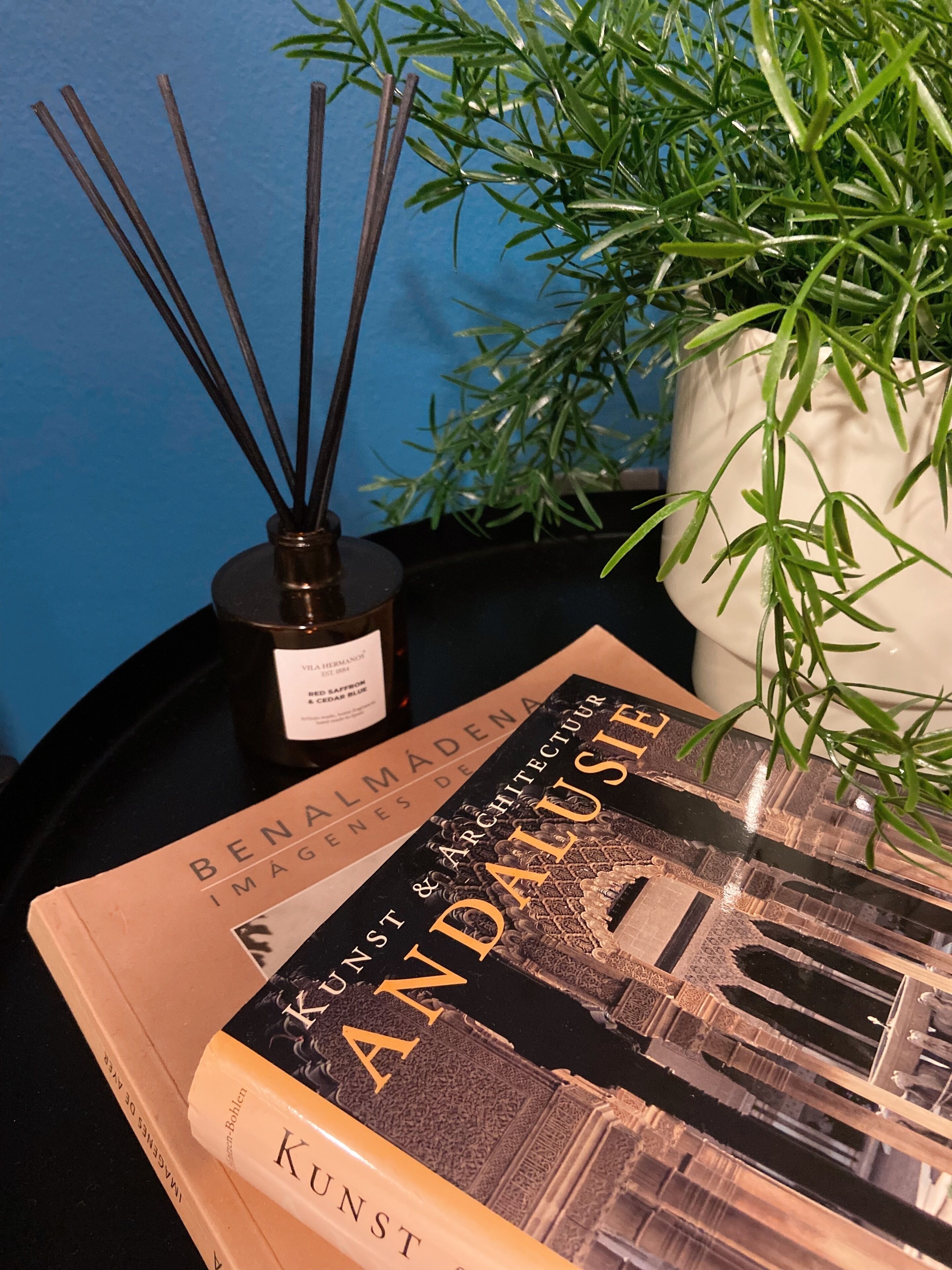 Un libro titulado 'Kunst & Architektur Andalusi', una botella de vino y una planta en maceta sobre una bandeja negra.