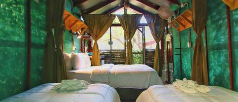 A room with two beds, green walls, and a view through a window.