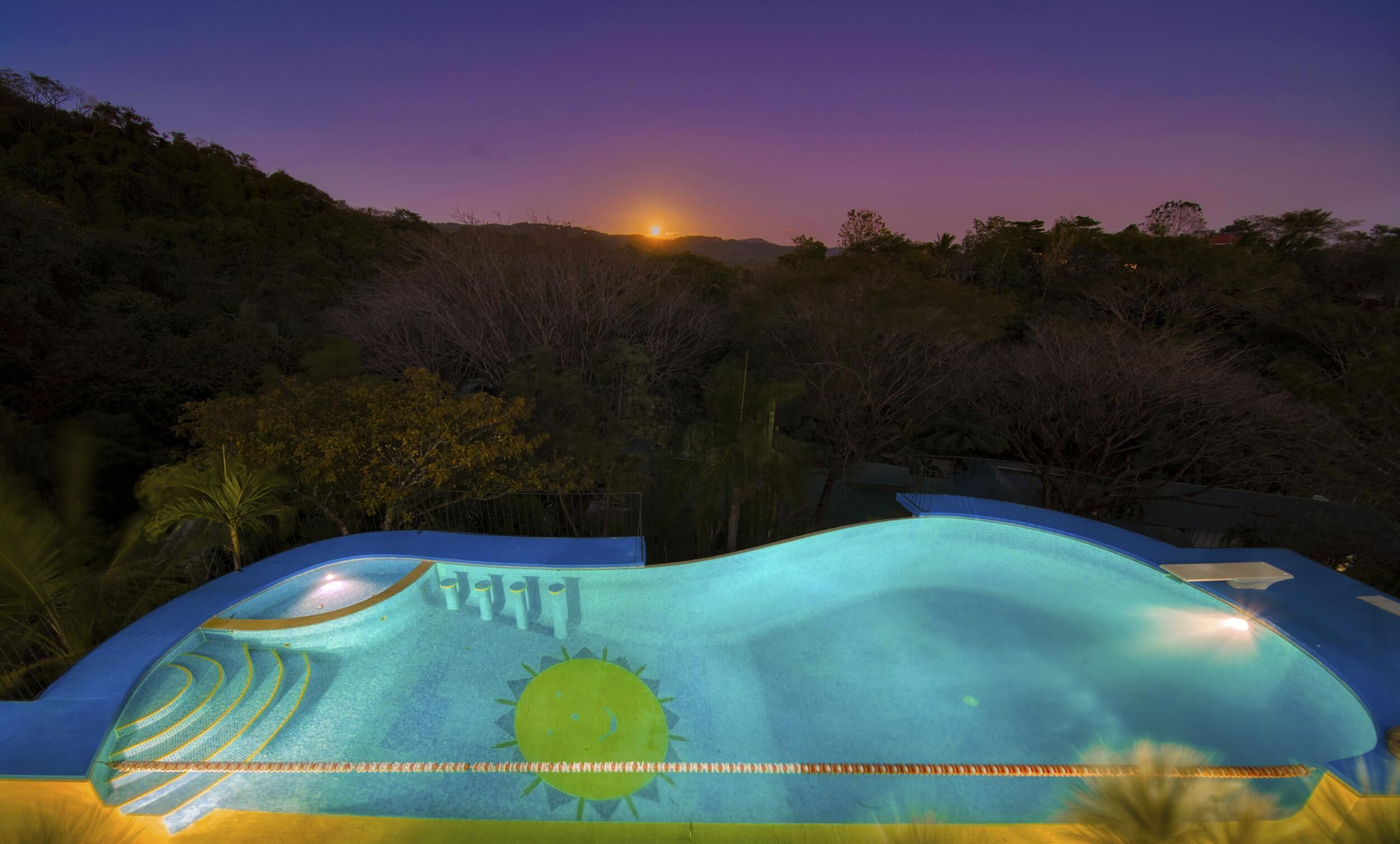 Une piscine décorée avec un motif solaire, entourée d’arbres et de collines.