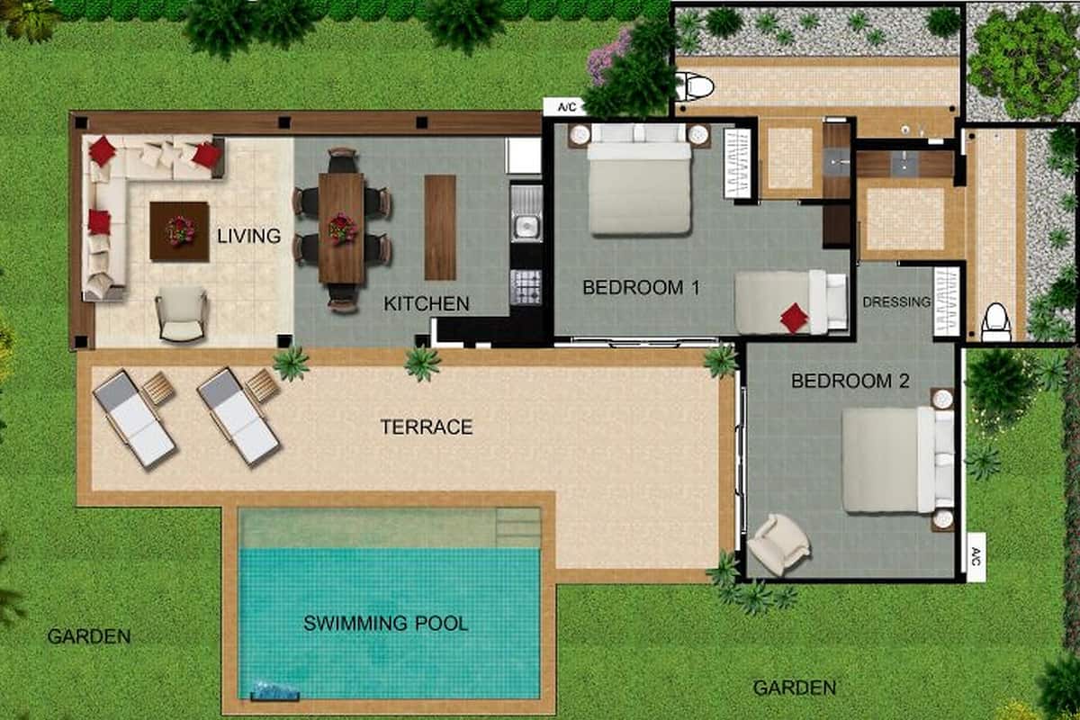 A 2-story house layout with a terrace, kitchen, two bedrooms, a dressing room, a garden, and a swimming pool.